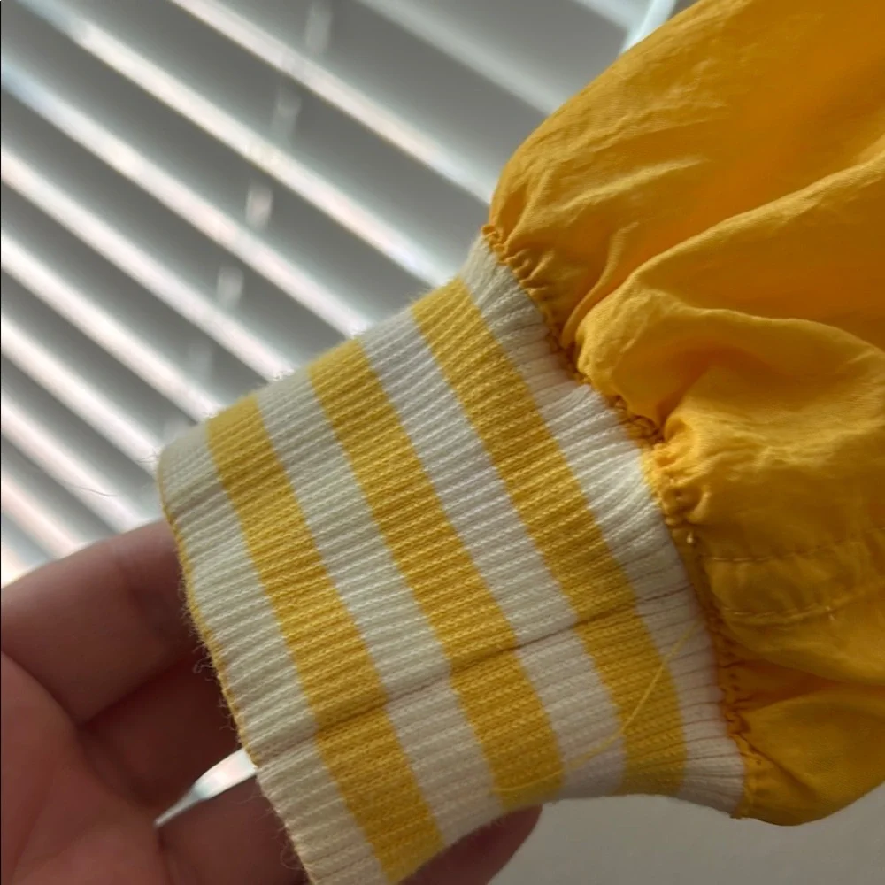 LIZ WEAR Vibrant Yellow Bomber Jacket with Striped Collar and Relaxed Fit - Picture 5 of 13